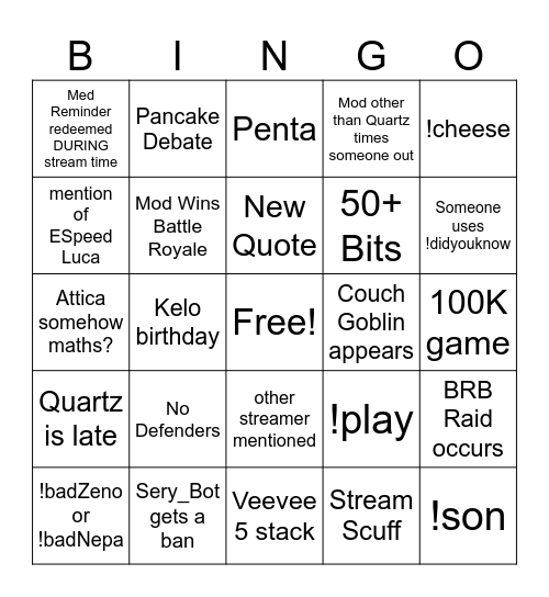 Attica's Stream Bingo Card