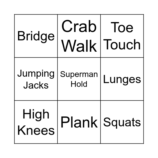 Fitness Bingo Card