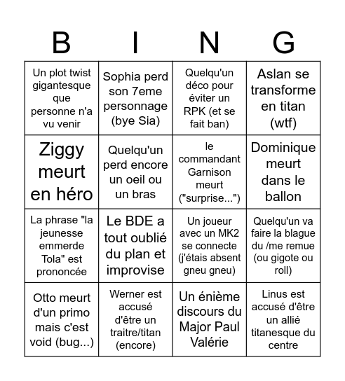 Bingo Shiganshina Bingo Card