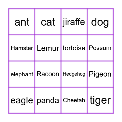 Animals Bingo Card