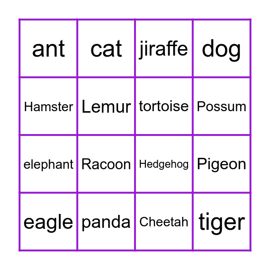 Animals Bingo Card