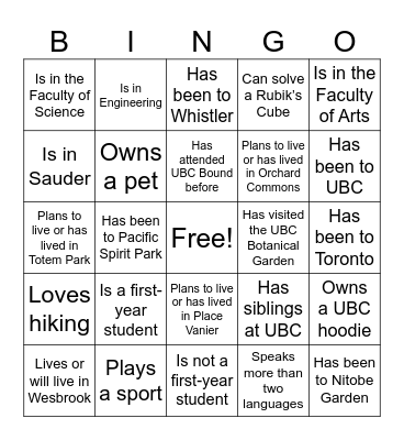 UBC Bound Bingo! Bingo Card