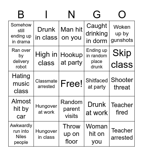 College Bingo Card