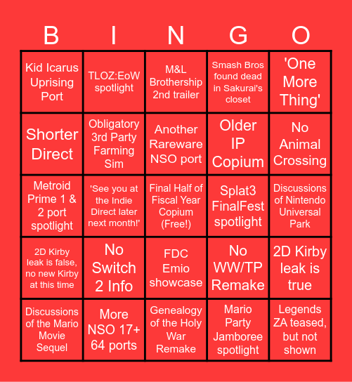 September 2024 Nintendo Direct Bingo Card