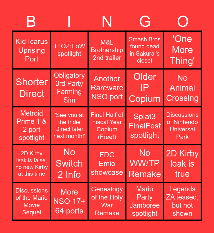 September 2024 Nintendo Direct Bingo Card