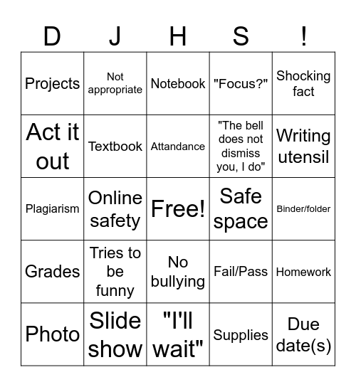 school bingo pt.2 Bingo Card