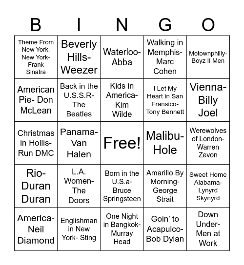 Places Bingo Card