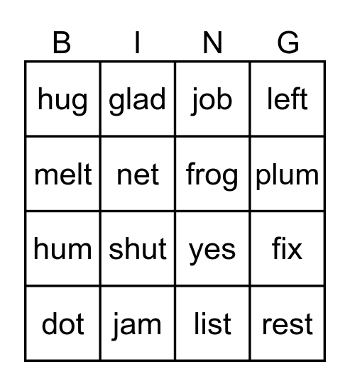 Week 2 Words Bingo Card
