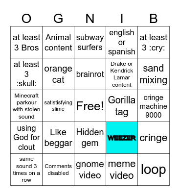 YT Shorts Bingo Card