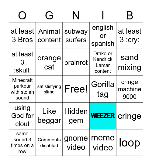 YT Shorts Bingo Card