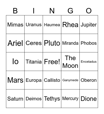 The Solar System Bingo Card