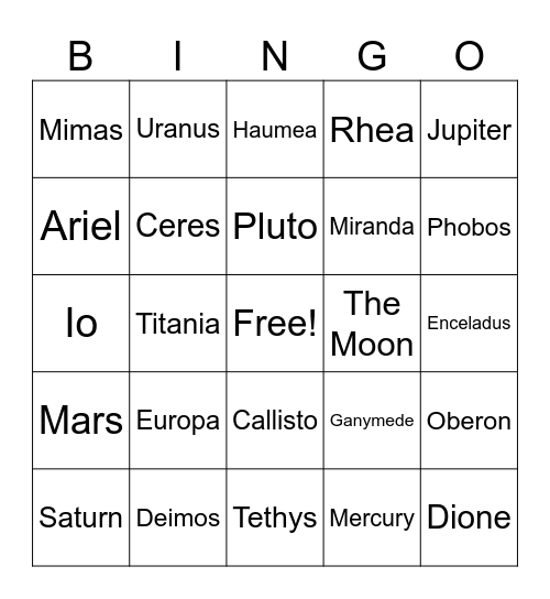 The Solar System Bingo Card