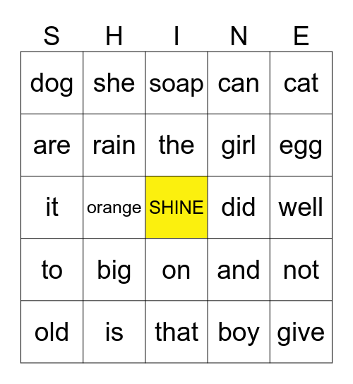 SHINE Sight Words Bingo Card