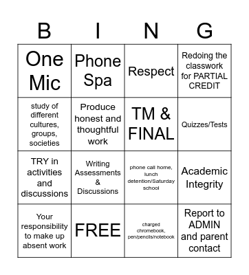 Sociology Syllabus Bingo Card