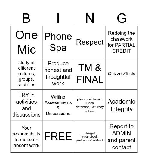 Sociology Syllabus Bingo Card