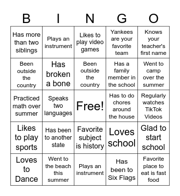 First Day of School Bingo Card