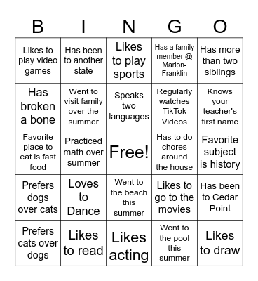 First Day of School Bingo Card