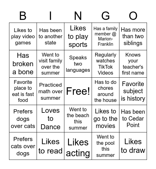 First Day of School Bingo Card