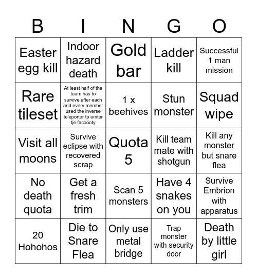 Lethal Company Bingo Card