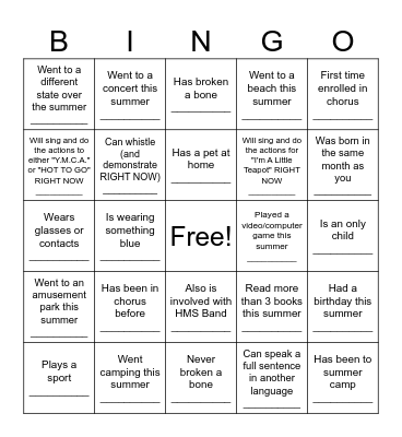 HMS CHORUS BINGO Card