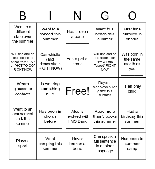 HMS CHORUS BINGO Card