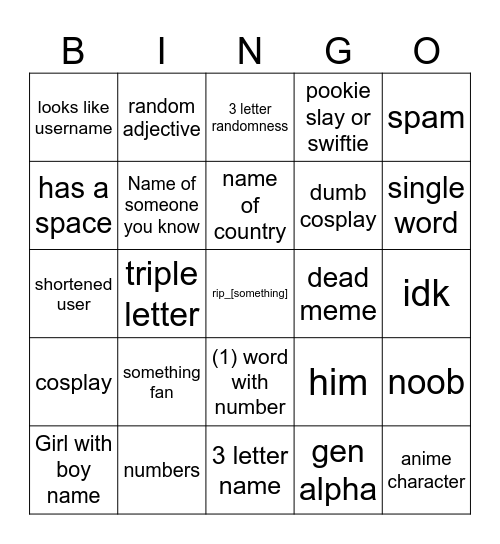 Roblox DisplayName Bingo Card