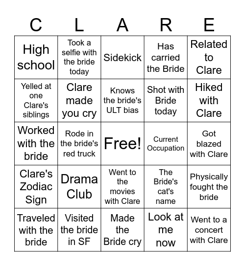 CAMP CLARE Bingo Card