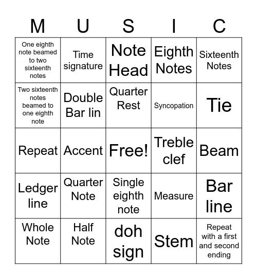 Music Symbols Bingo Card