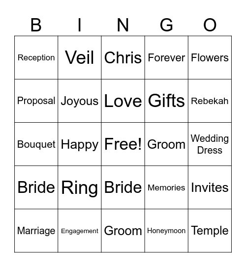 Rebekah's Bridal Shower Bingo Card