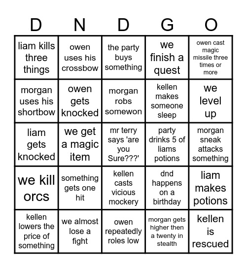 dnd bingo Card