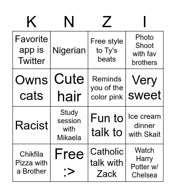 Kenzi Bingo Card