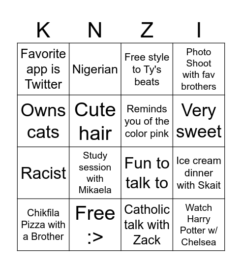 Kenzi Bingo Card