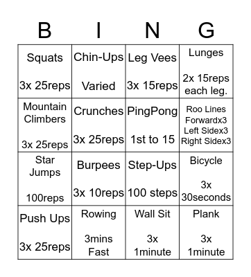 Fitness Bingo Card