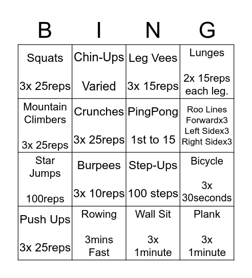Fitness Bingo Card