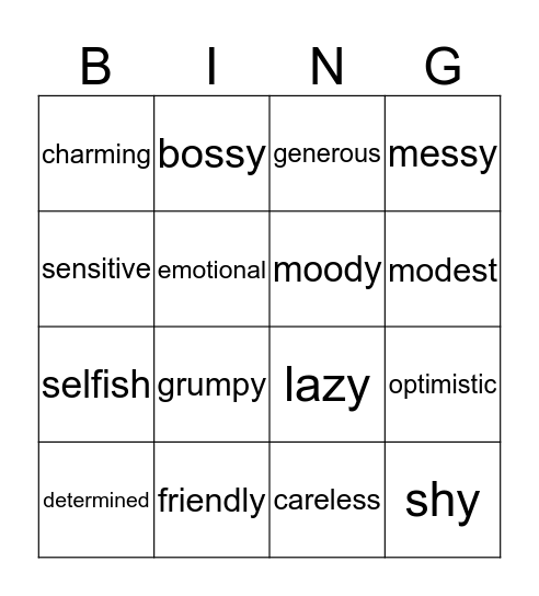 PERSONALITY Bingo Card