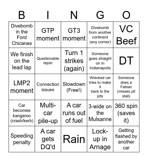 iRaging 2024 Le Mans 24h Bingo Card