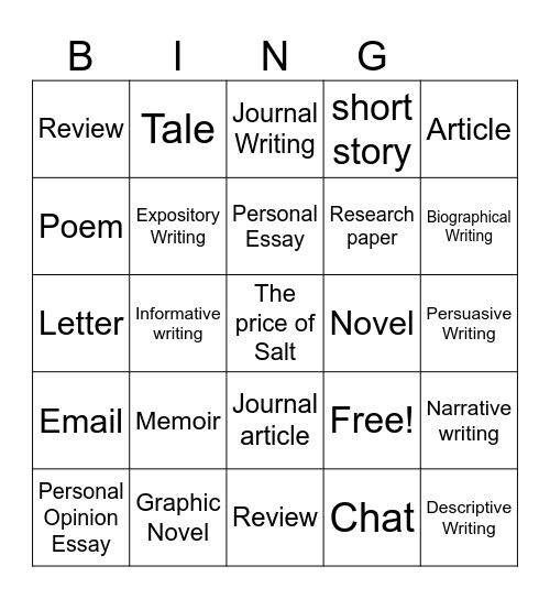 Text Genres Bingo Card