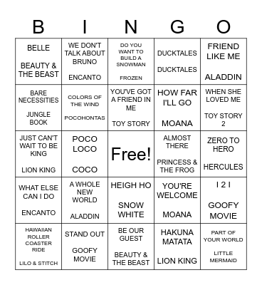 DISNEY MUSIC BINGO Card