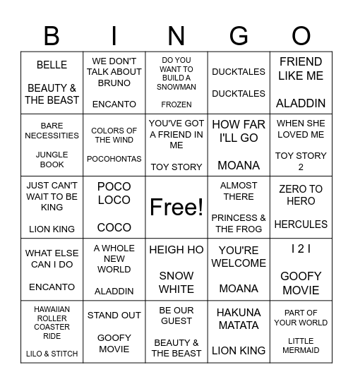 DISNEY MUSIC BINGO Card