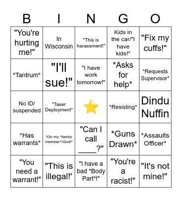 Body Cam Bingo Card