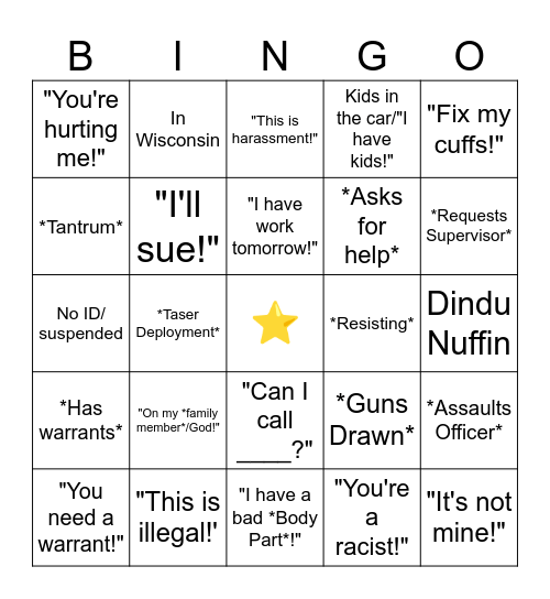 Body Cam Bingo Card