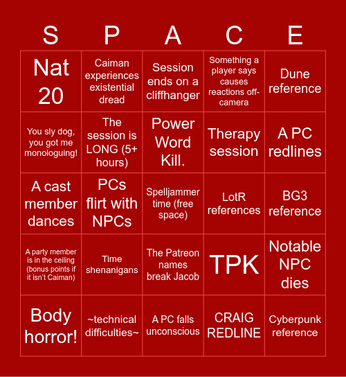 Spelljammer: Redline - Track 23 Bingo Card