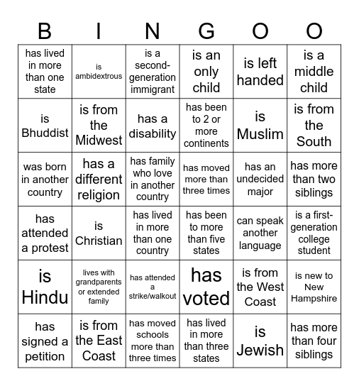 Diversity Bingo - Find someone who... Bingo Card