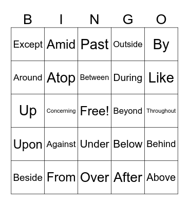 Preposition Bingo Card