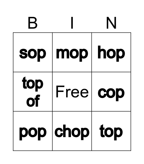 'op' word Bingo Card