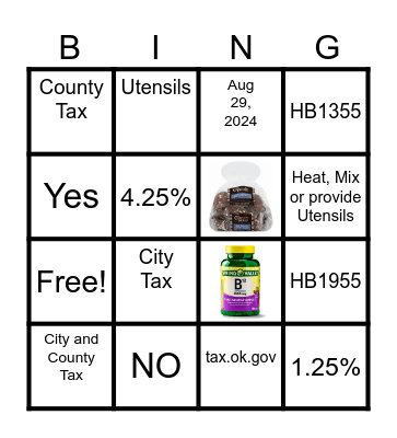 Grocery Tax Bingo Card