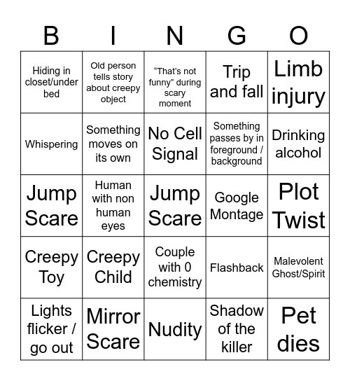 Horror Movie Cliche Bingo Card