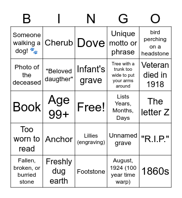 Cemetery / Graveyard / Memorial Park Bingo Card