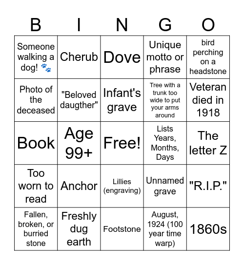 Cemetery / Graveyard / Memorial Park Bingo Card