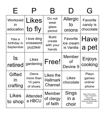 Sisterly Bingo Card